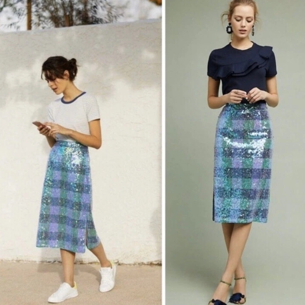 Anthropologie Sequin Plaid Midi Skirt in Blue, Green, Purple